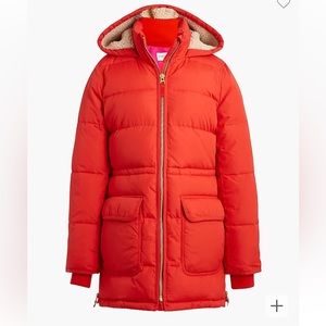 J. Crew Puffer Jacket with hood. Cherry Red (Bright Cerise). Large. NWT.